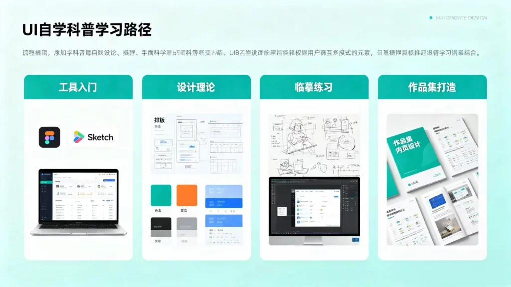 UI 自学全流程配图 - 工具入门、设计基础、临摹练习、项目实战学习路径,从新手到职业设计师成长路线