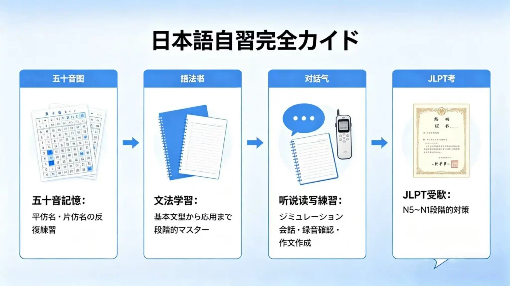 日语自学全流程配图 - 五十音记忆、语法入门、词汇积累、听说读写练习学习路径,从新手到日语达人成长路线