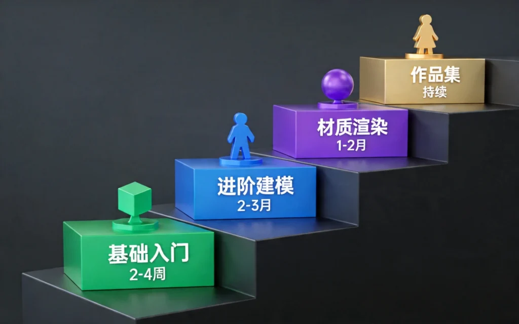 3D建模学习四阶段阶梯图,基础入门进阶建模材质渲染作品集循序渐进