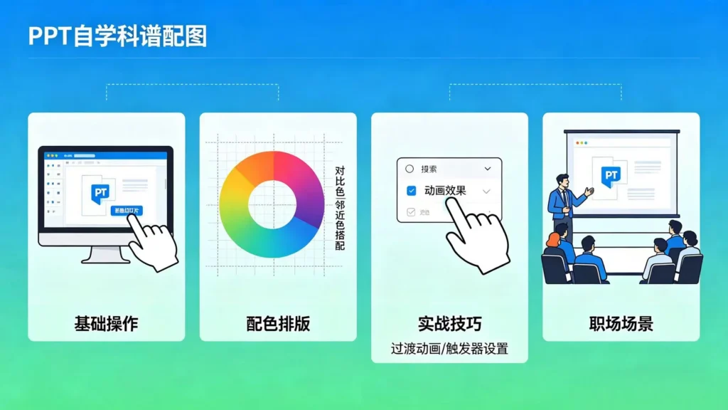 PPT 自学全流程配图 - 基础操作、设计理论、实战技巧、职场场景学习路径,从新手到 PPT 高手成长路线