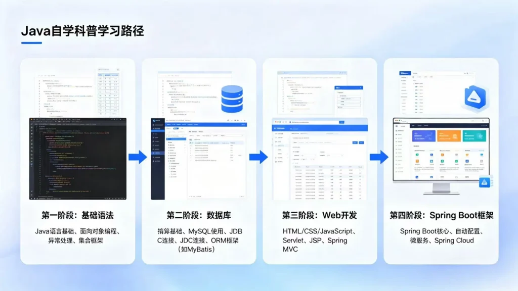 Java 自学全流程配图 - 基础语法、数据库、Web 开发、Spring Boot 框架学习路径，代码实战与项目演练指南