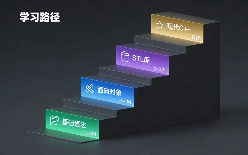 C++学习四阶段阶梯图,基础语法面向对象STL现代C++循序渐进