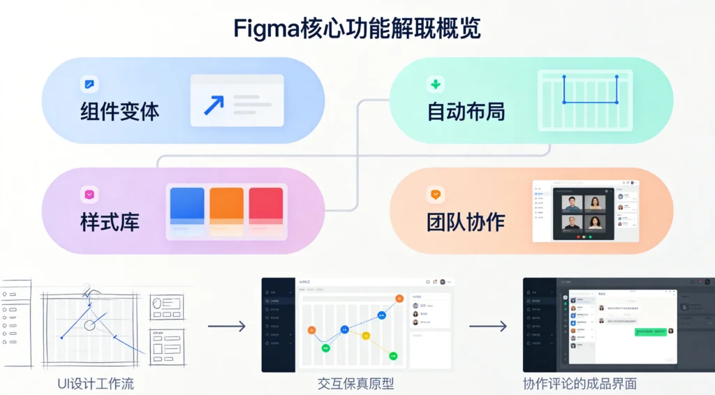 Figma核心功能扁平概览图,组件变体、自动布局、样式管理与团队协作功能块及UI设计工作流程