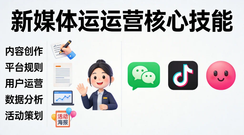 新媒体运营核心技能扁平模块图，内容创作、平台规则、用户运营、数据分析、活动策划五大技能与平台图标