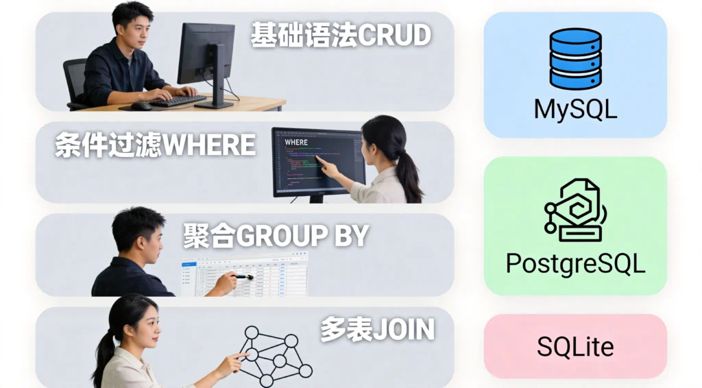 SQL学习路线扁平流程图,基础语法CRUD、条件过滤、聚合分组、多表关联四阶段与数据库类型对比