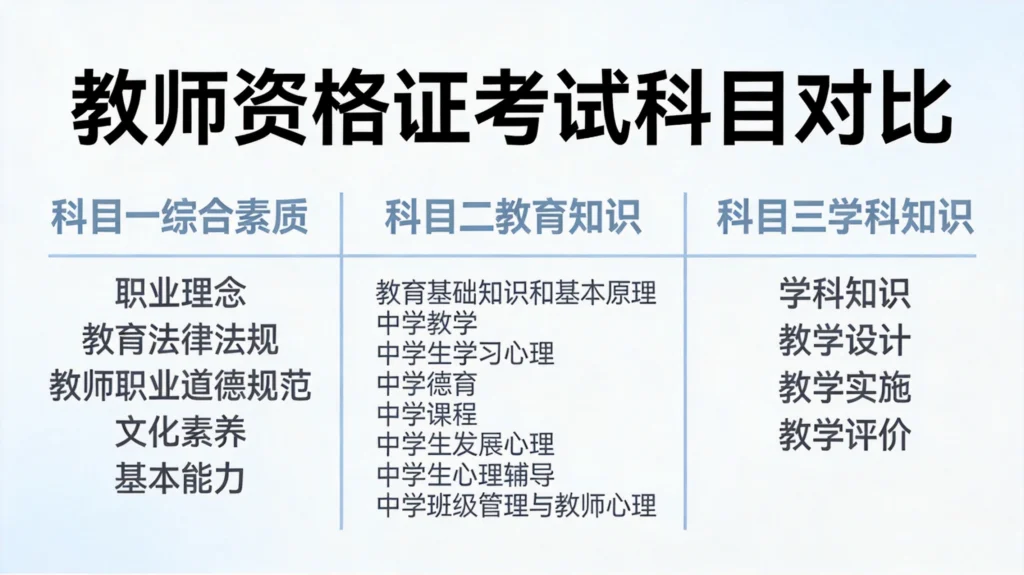 教师资格证考试三科目模块对比图,扁平UI设计展示科目一综合素质、科目二教育知识、科目三学科知识