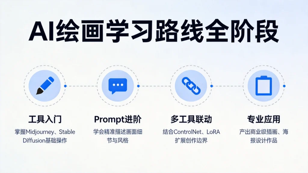 AI绘画学习路线图,展示工具入门、Prompt进阶、多工具联动、专业应用四个阶段