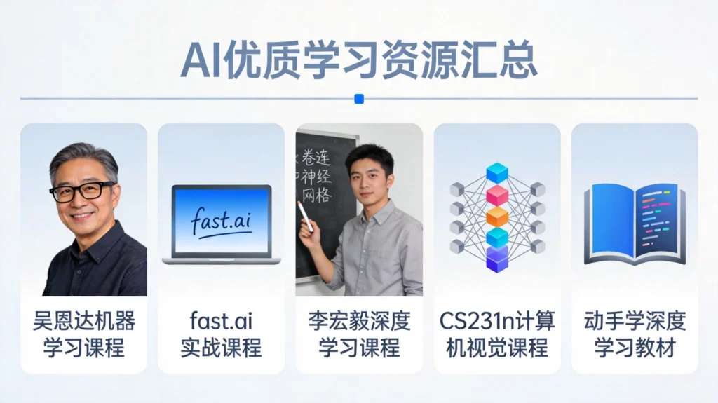 AI学习资源推荐图，展示吴恩达机器学习、fast.ai、李宏毅课程、CS231n、动手学深度学习等核心免费资源