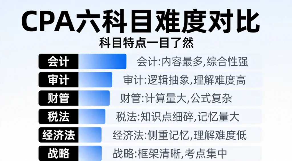 CPA六科目难度对比图,展示会计、审计、财务成本管理、税法、经济法、公司战略与风险管理六门科目特点
