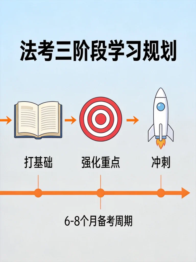 法考备考攻略三阶段规划图,打基础、强化重点、冲刺6-8个月学习路径