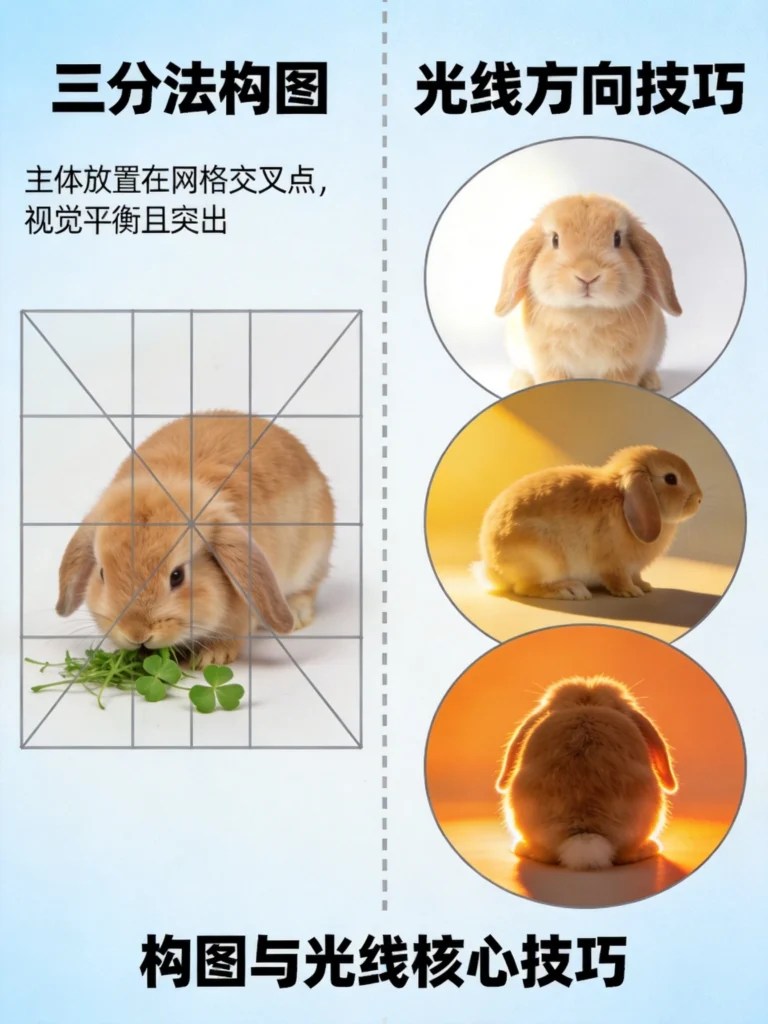 摄影入门构图与光线技巧示意图,三分法构图和光线方向教学图解