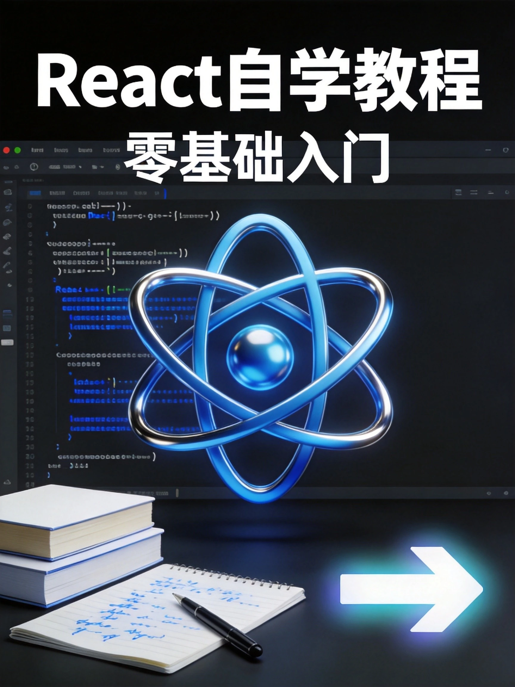 React自学教程封面,蓝色原子图标搭配代码编辑器背景,零基础入门前端框架学习