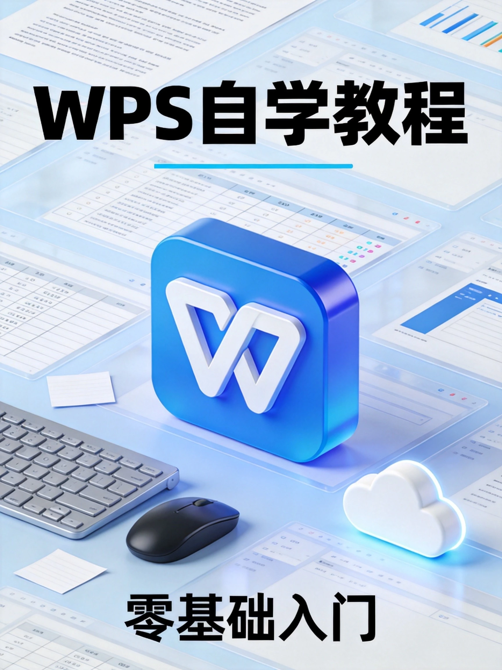 WPS自学教程封面,蓝色图标搭配办公场景,零基础入门WPS办公软件