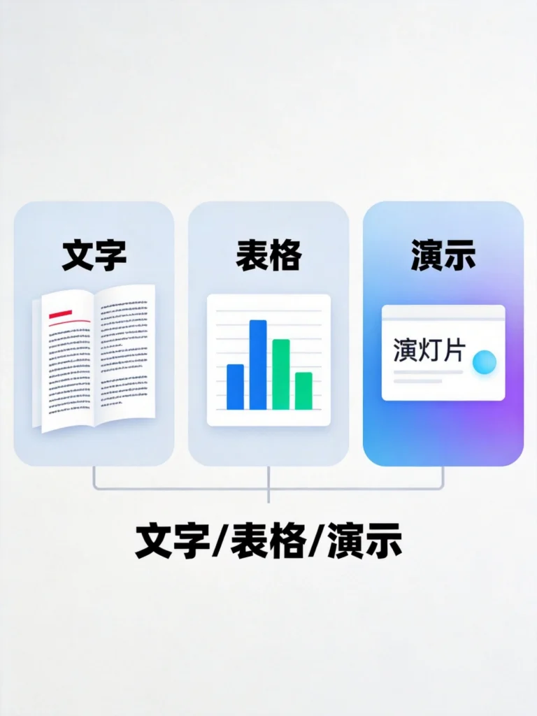 WPS入门三大组件功能图,文字、表格、演示核心模块展示