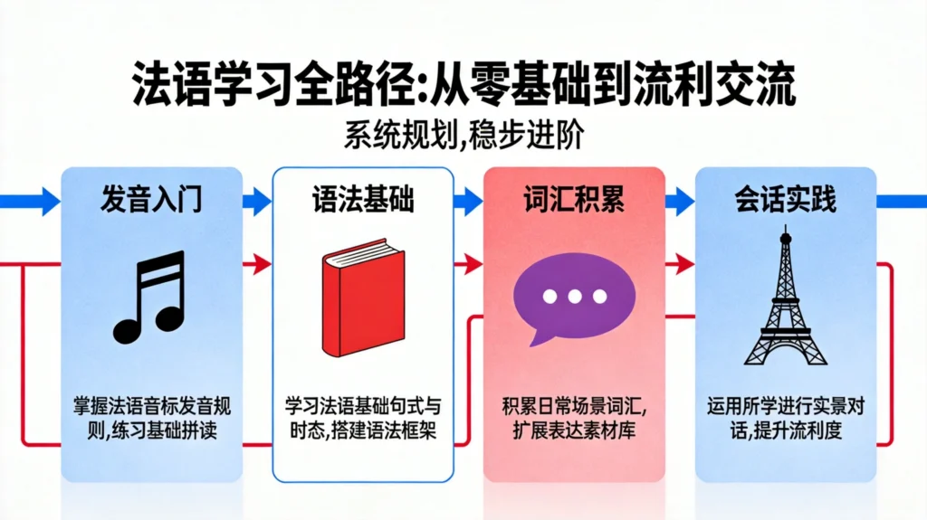 法语零基础学习路径图，从发音入门到流利会话的完整学习规划