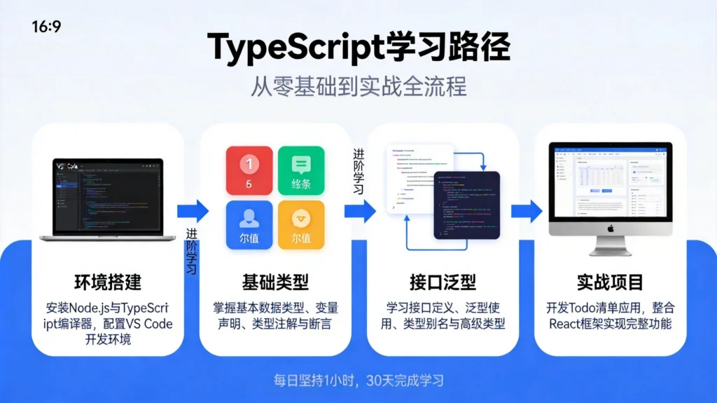 TypeScript零基础学习路径流程图，从环境搭建到实战项目的完整教程规划