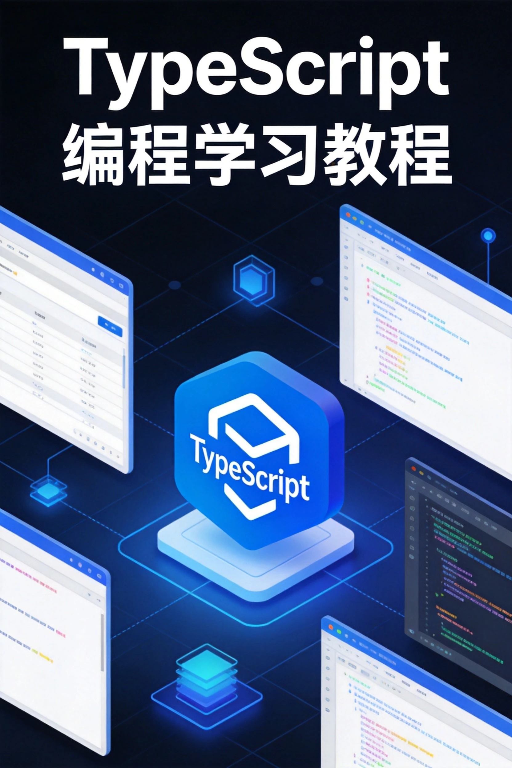 TypeScript自学教程封面，深色科技风格展示编程学习主题，中央蓝色立方体带TS标志