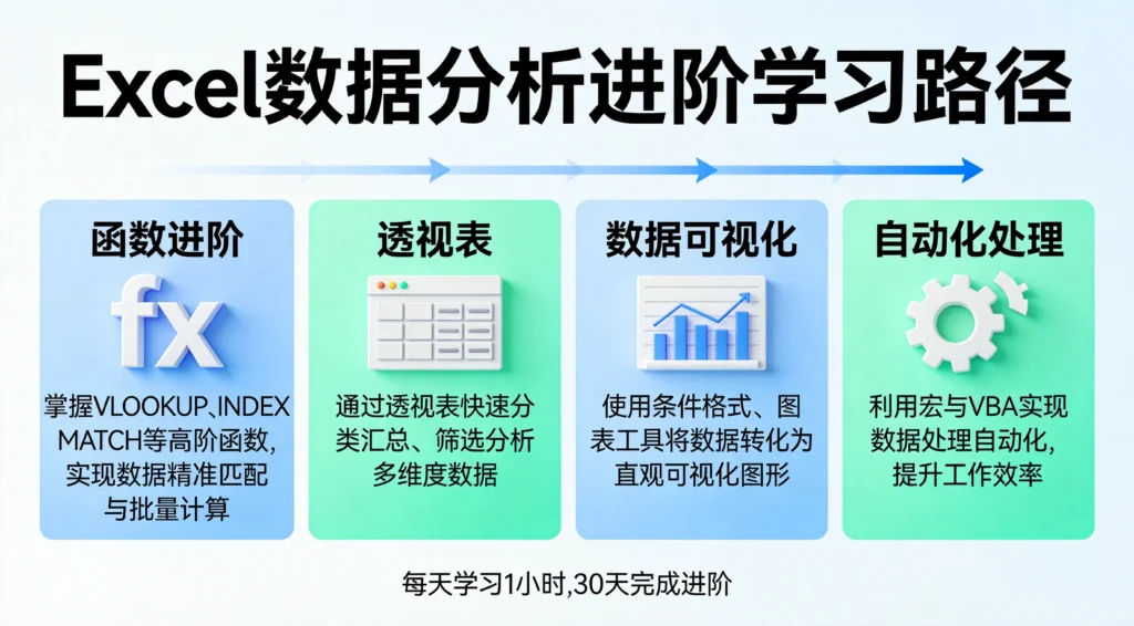 Excel数据分析自学进阶路径图，从函数到自动化的完整学习规划