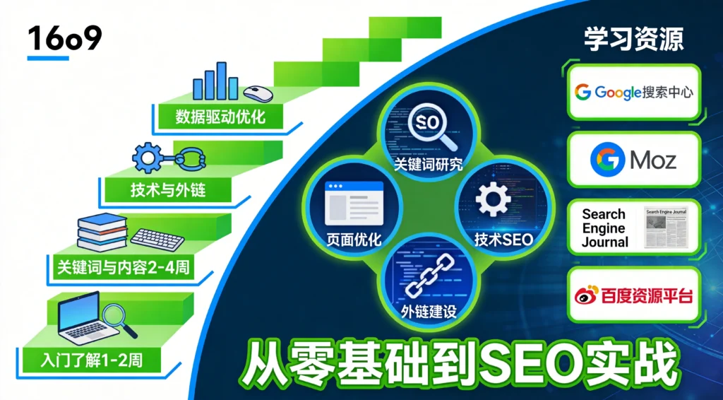 SEO自学四阶段路线图，从关键词研究到外链建设完整学习路径与资源导航