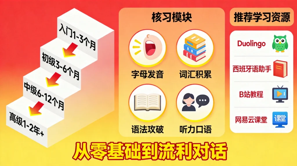 西班牙语自学四阶段路线图，从发音入门到流利对话完整学习路径规划