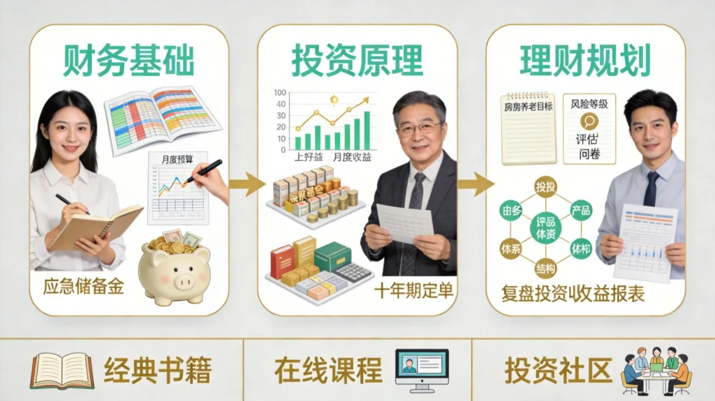 理财投资学习路径图，三阶段从财务基础到理财规划的完整自学路线，金绿配色专业图表