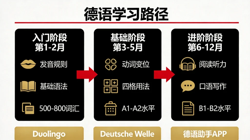 德语学习路径图，三阶段从发音入门到B1-B2进阶的完整自学路线，黑红金德国配色