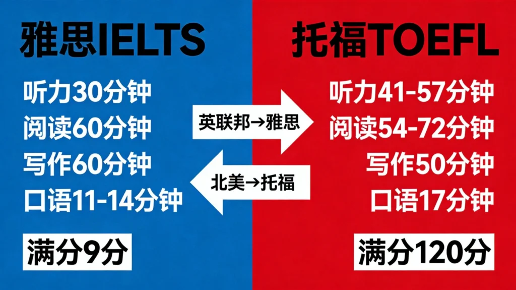 雅思托福考试结构对比图,展示两大语言考试的听说读写时长与满分设置,帮助考生选择适合的考试