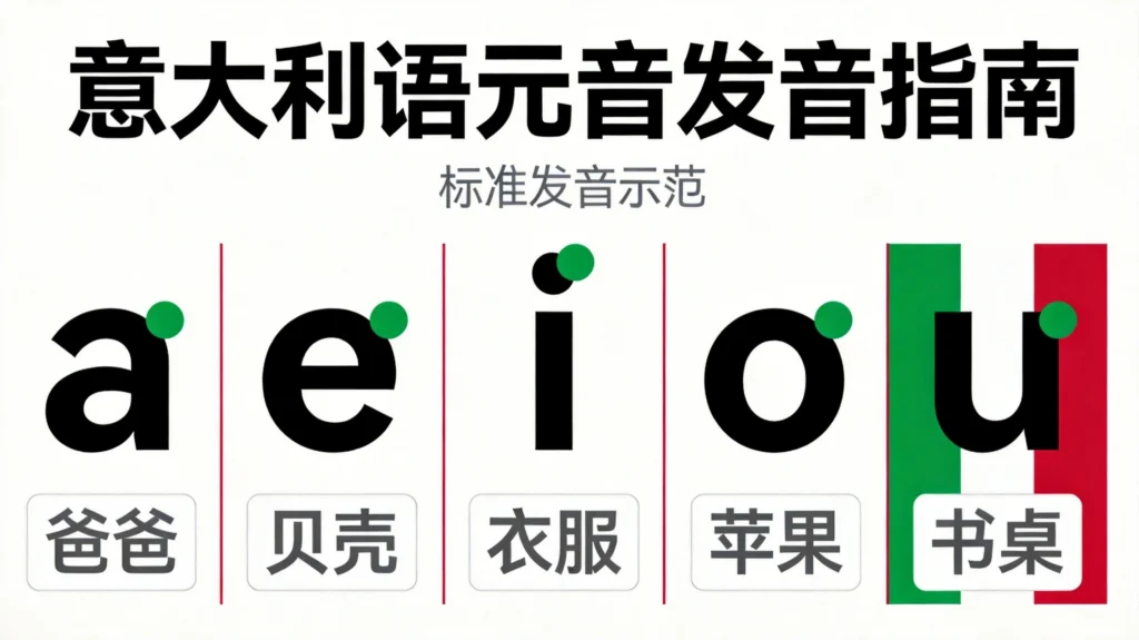意大利语元音发音图解，展示五个元音字母的标准发音规则