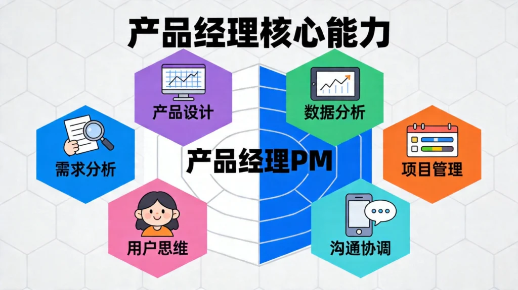 产品经理核心能力六维雷达图,需求设计数据项目沟通用户思维全覆盖