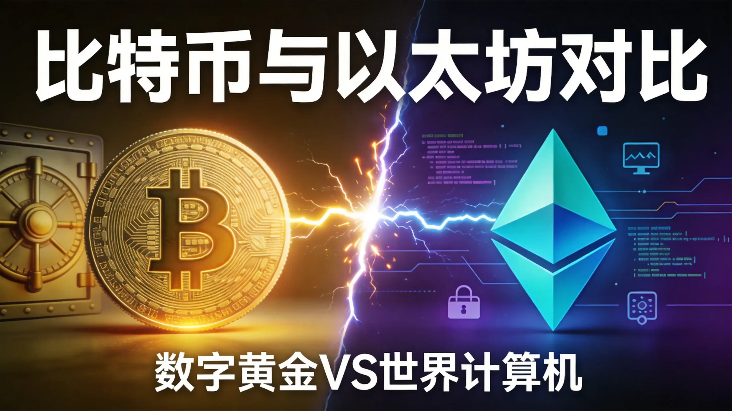 左侧金色比特币硬币象征数字黄金,右侧蓝色以太坊钻石象征世界计算机,中间闪电连接对比,暖金与冷蓝渐变背景