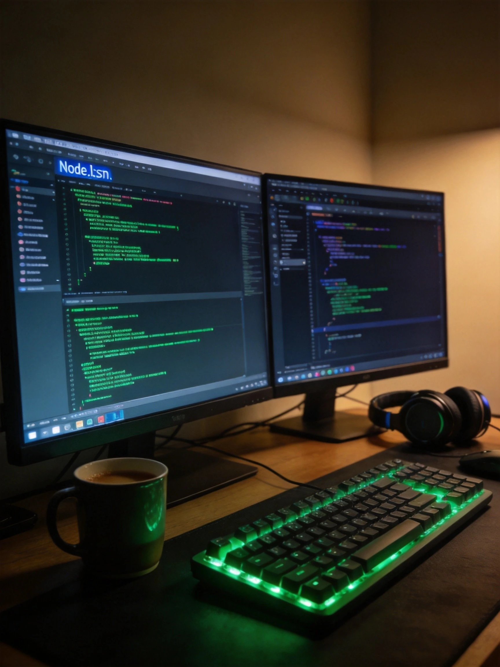 Node.js后端开发自学:开发者桌面前展示终端与JavaScript代码