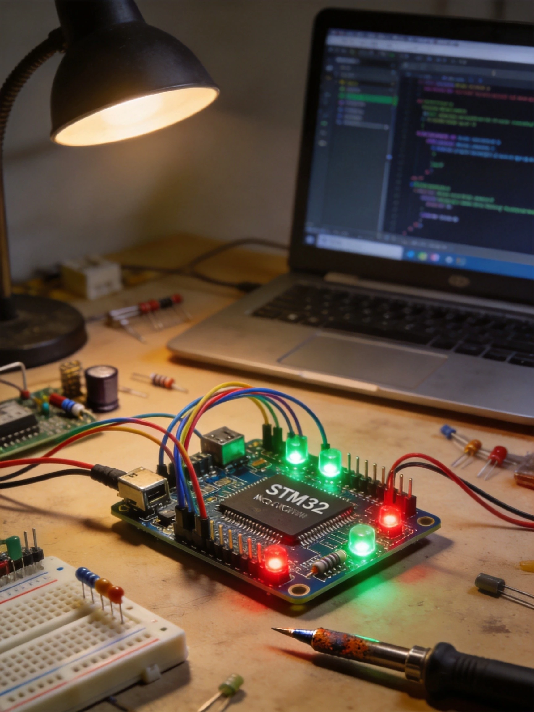 嵌入式开发:STM32开发板上跳线连接与LED闪烁的实操场景